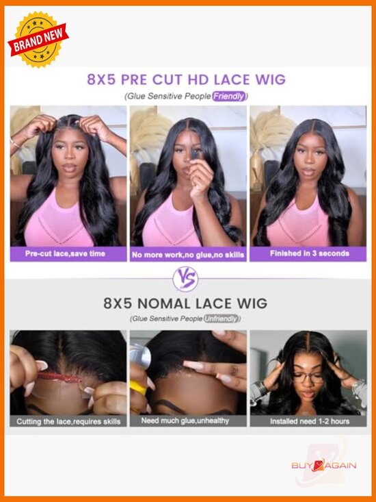 Glueless Human Hair Wig 180% Density Body Wave Pre-Cut Lace 8x5 Easy Wear for